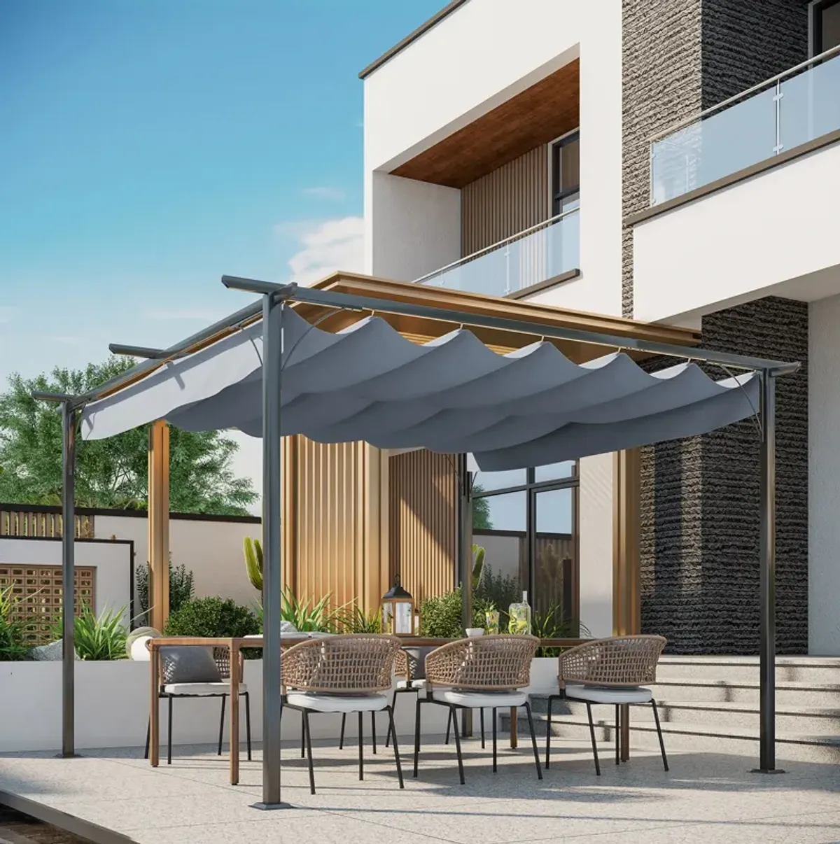 Outsunny 11.5' x 11.5' Retractable Pergola Canopy, Outdoor UV Protection & Sun Shade, Steel Frame for Garden, Grill, Patio, Backyard, Gray