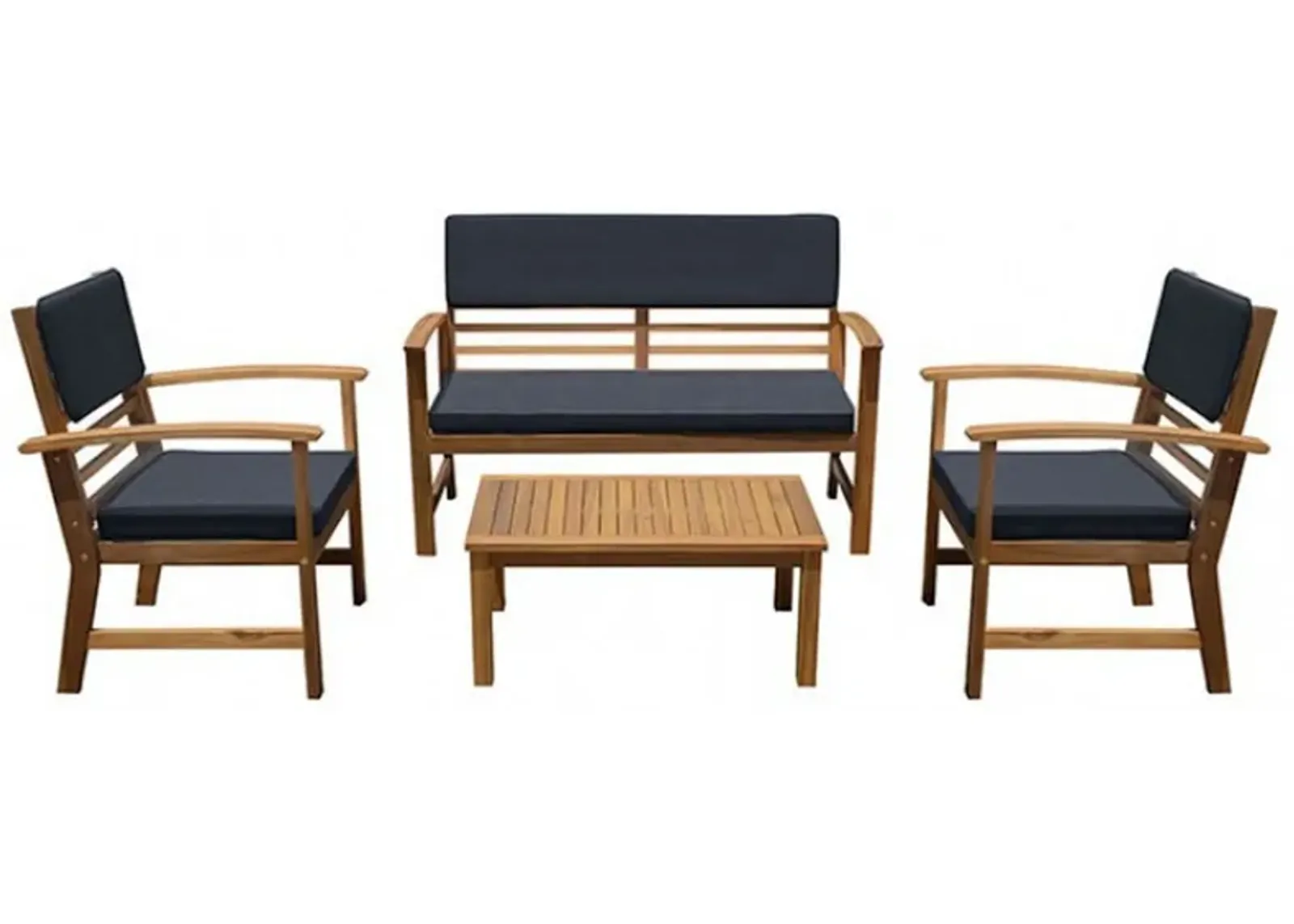 4 Piece Outdoor Patio Table, Loveseat, and Chairs Set, Blue, Brown Wood - Benzara