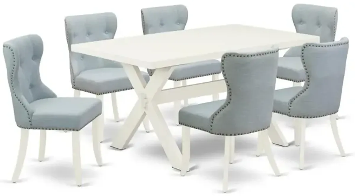 East West Furniture X026SI215-7 7-Piece Dining Set- 6 padded parson chairs with Baby Blue Linen Fabric Seat and Button Tufted Chair Back - Rectangular Table Top & Wooden Cross Legs - Linen White Finis