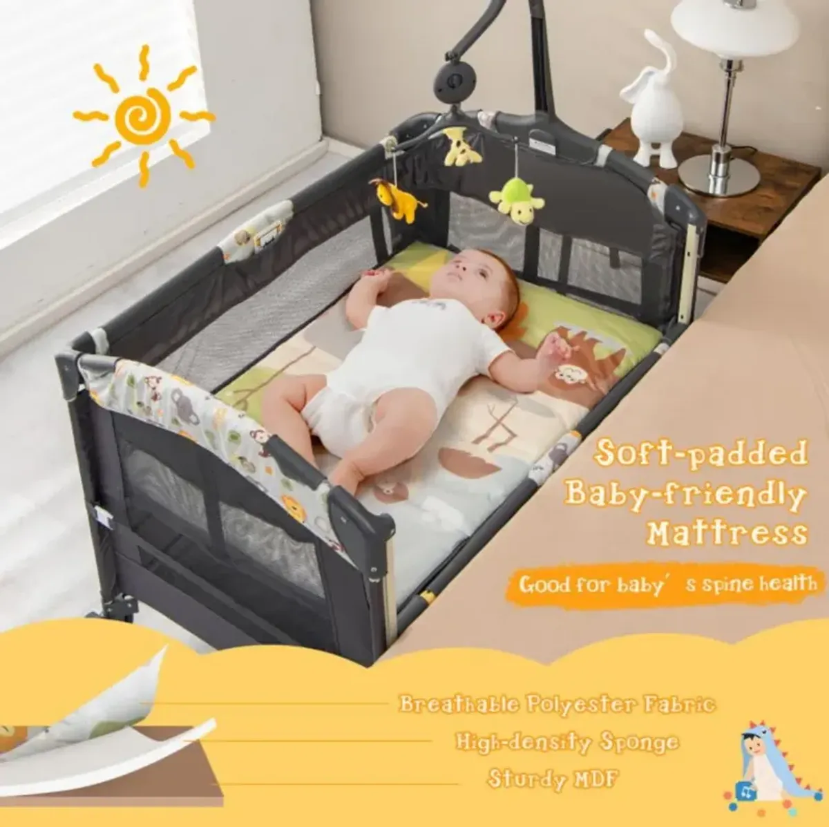 Hivvago 3-in-1 Convertible Portable Baby Playard with Music Box and Wheel and Brakes