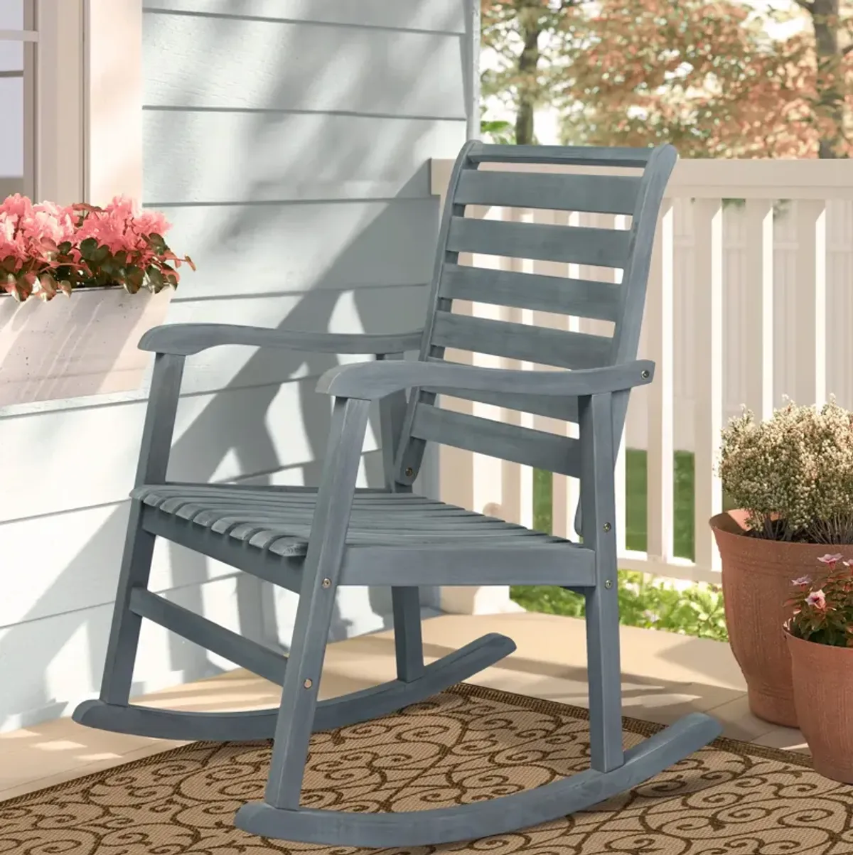 Carey Modern Slat Back Acacia Wood Patio Outdoor Rocking Chair