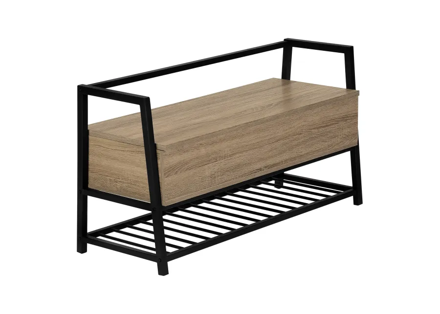 Monarch Specialties I 4501 Bench, Entryway, Hallway, Storage, 42" Rectangular, Metal, Laminate, Brown, Black, Contemporary, Modern