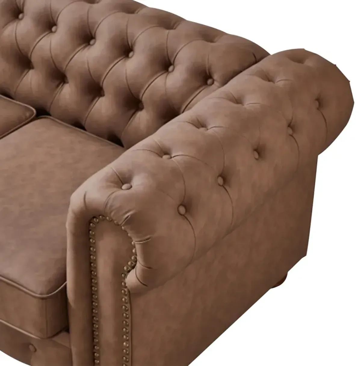 The living room is made more cozy and comfortable with a brown faux leather classic chesterfield sofa chaise lounge.