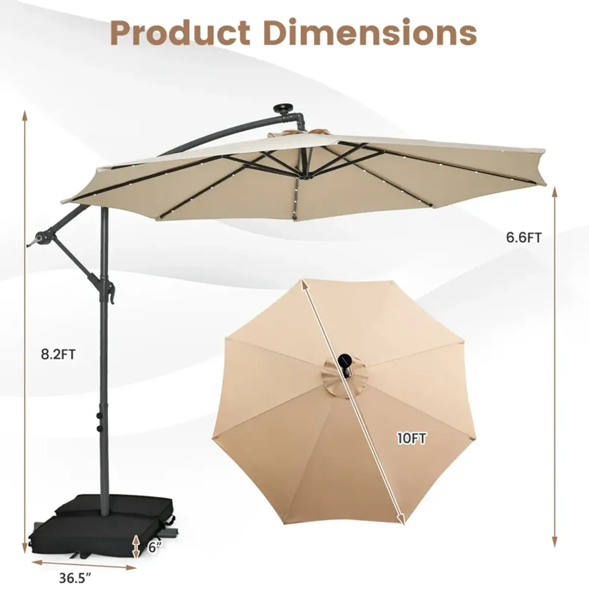 10-Foot Cantilever Umbrella with 32 LED Lights and Solar Panel Batteries for Outdoor Shade and Lighting