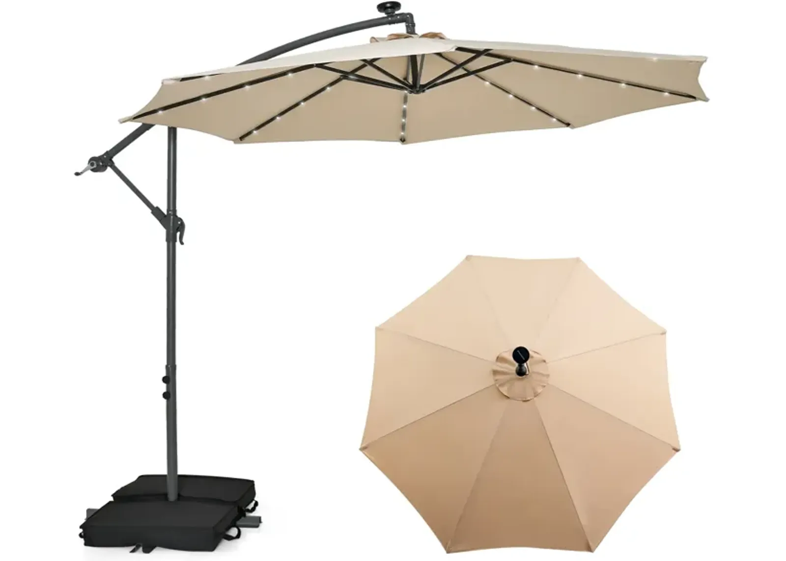 10-Foot Cantilever Umbrella with 32 LED Lights and Solar Panel Batteries for Outdoor Shade and Lighting