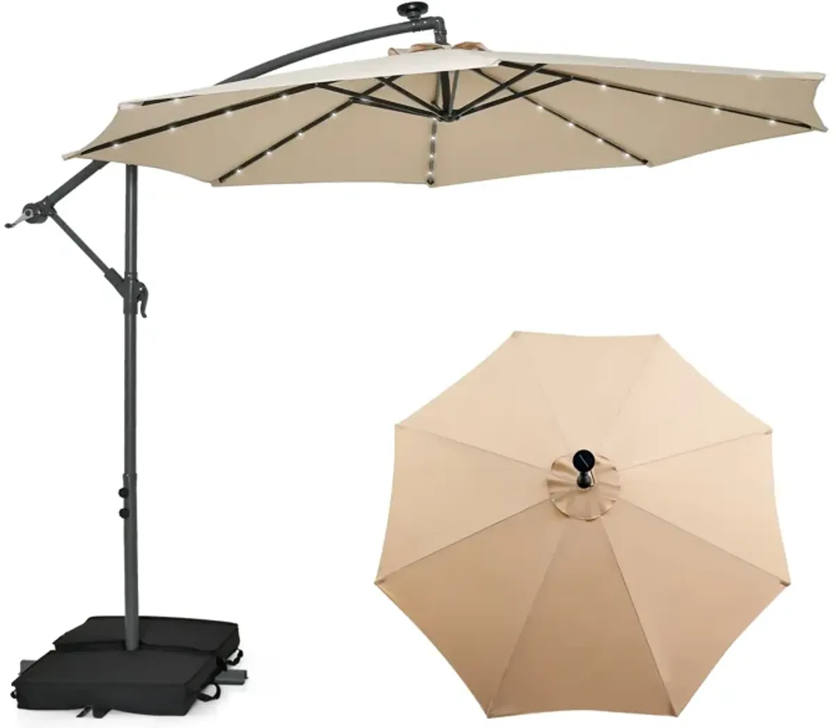 10-Foot Cantilever Umbrella with 32 LED Lights and Solar Panel Batteries for Outdoor Shade and Lighting