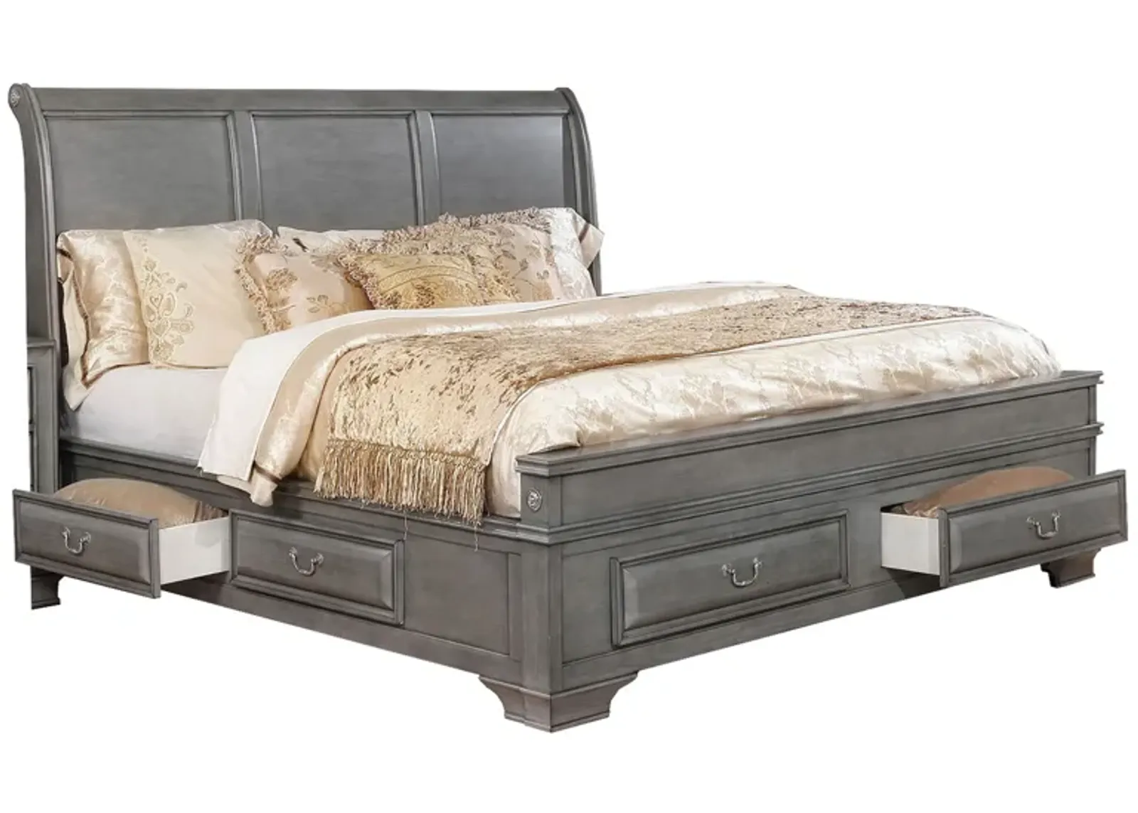 Wooden Queen Size Bed with Spacious Storage Drawers, Gray-Benzara