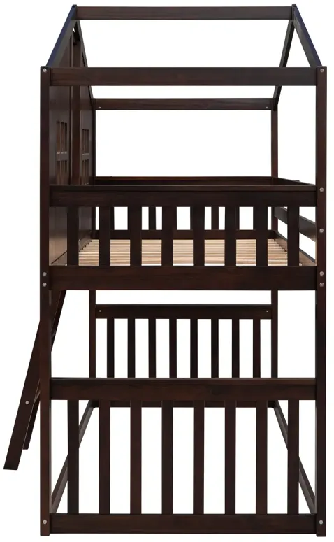 Twin Over Twin House Bunk Bed With Ladder, Wood Bed