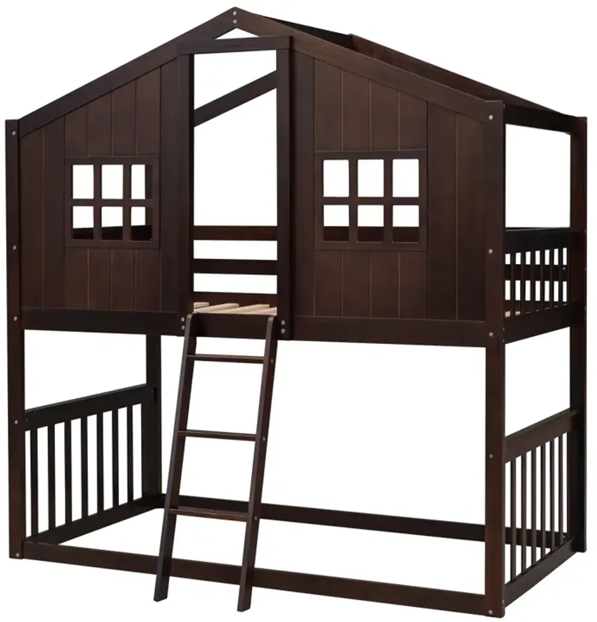 Twin Over Twin House Bunk Bed With Ladder, Wood Bed