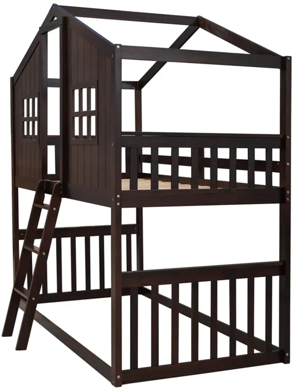 Twin Over Twin House Bunk Bed With Ladder, Wood Bed