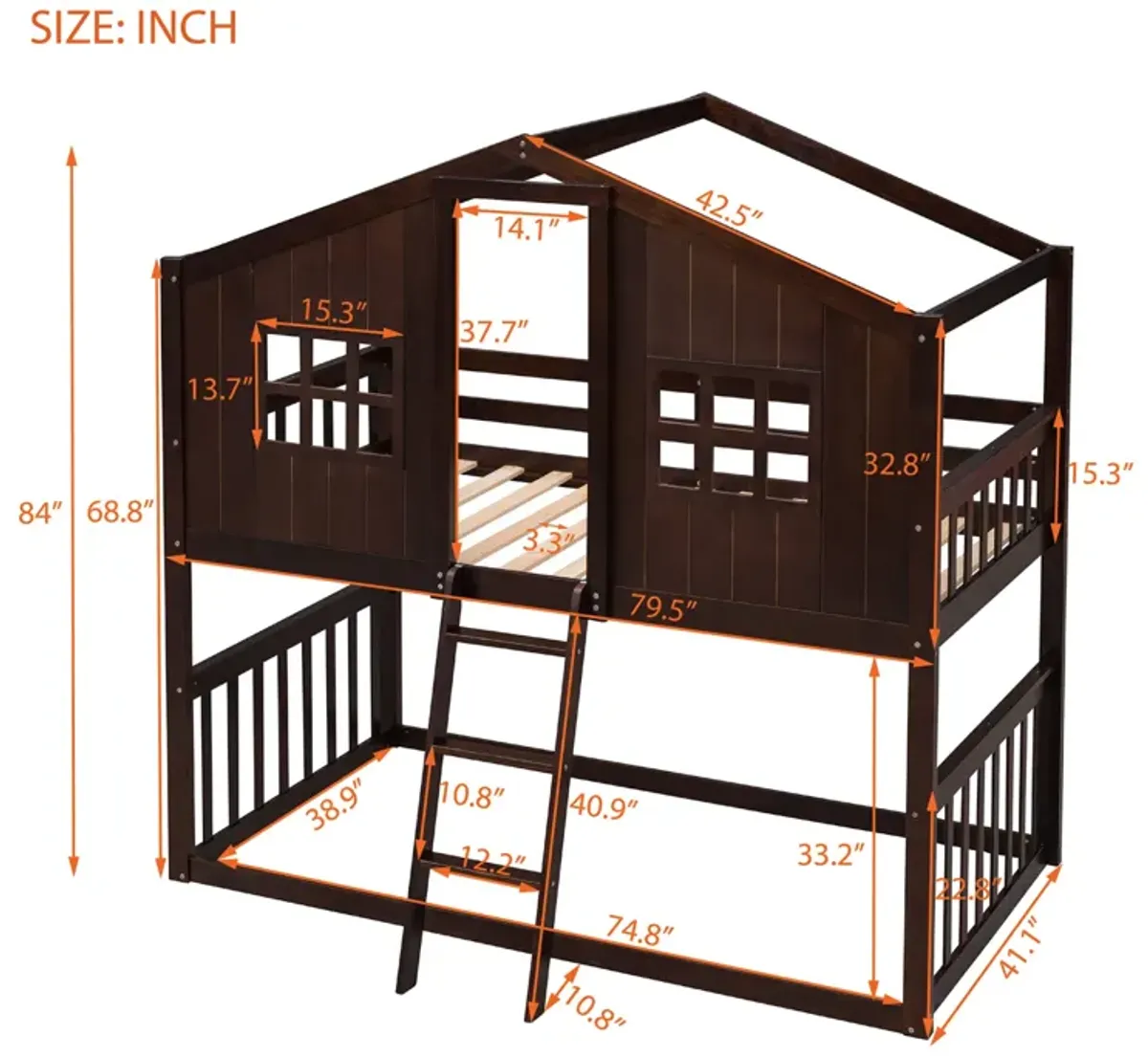 Twin Over Twin House Bunk Bed With Ladder, Wood Bed