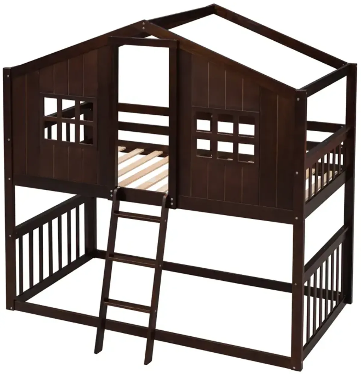 Twin Over Twin House Bunk Bed With Ladder, Wood Bed