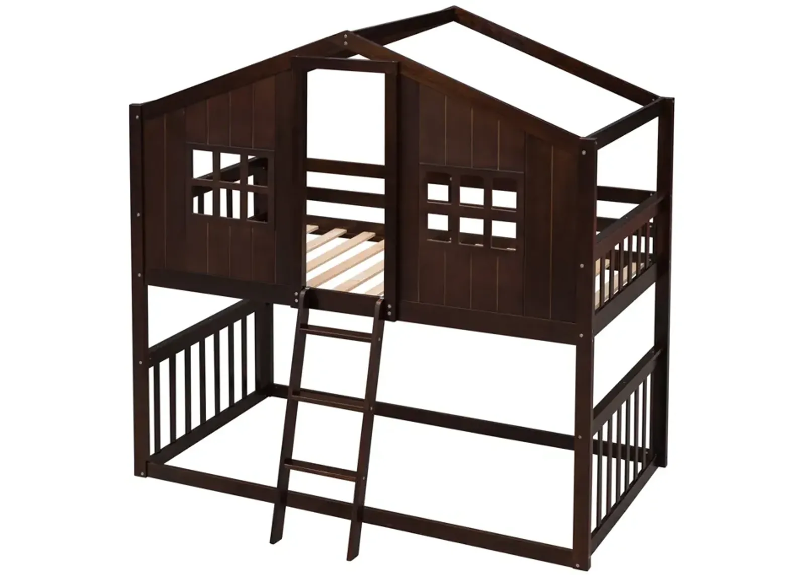 Twin Over Twin House Bunk Bed With Ladder, Wood Bed