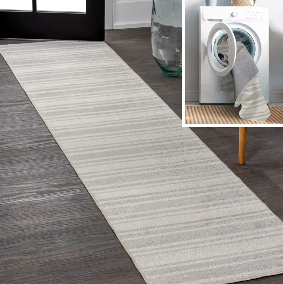 Fawning Two-Tone Striped Classic Low-Pile Machine-Washable Cream/Dark Gray Area Rug