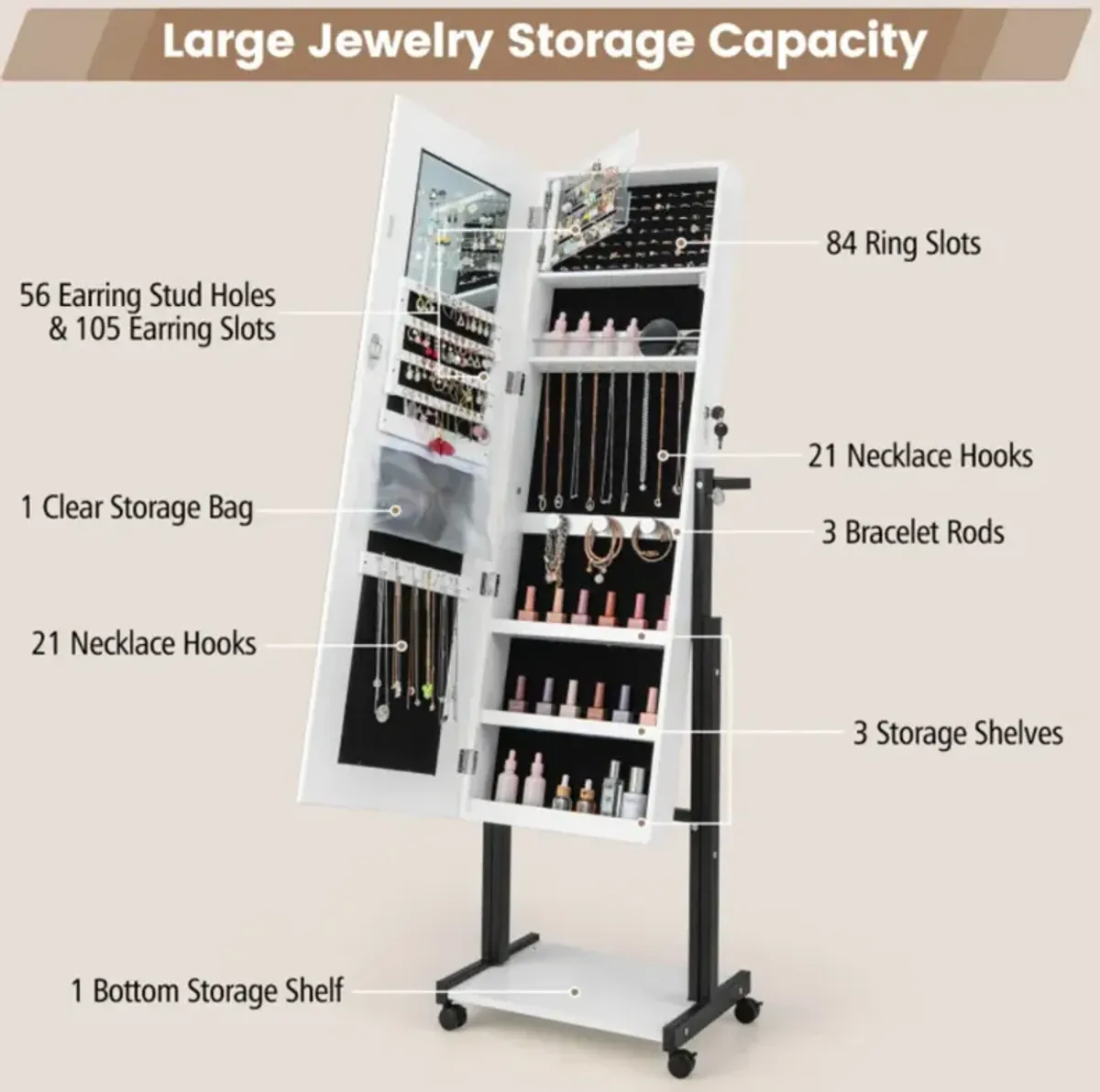 3-Color 46 LED Lights�Mirror Jewelry Cabinet Armoire Adjustable Height with Wheels