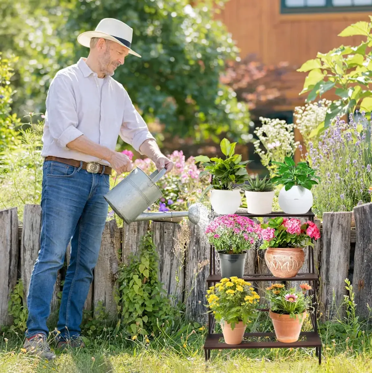 3-Tier Metal Plant Stand with Wheels and Handle for Balcony