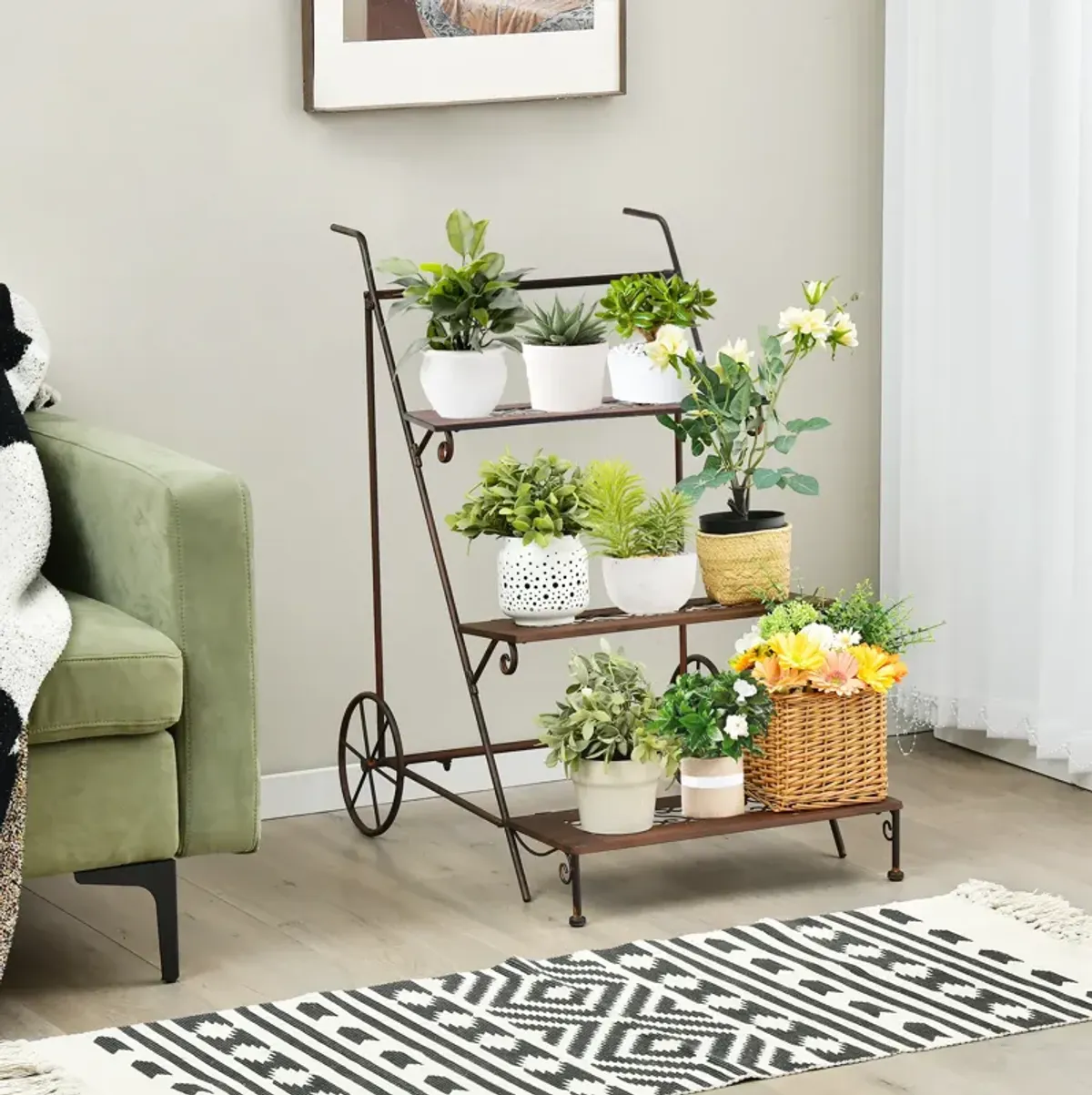 3-Tier Metal Plant Stand with Wheels and Handle for Balcony