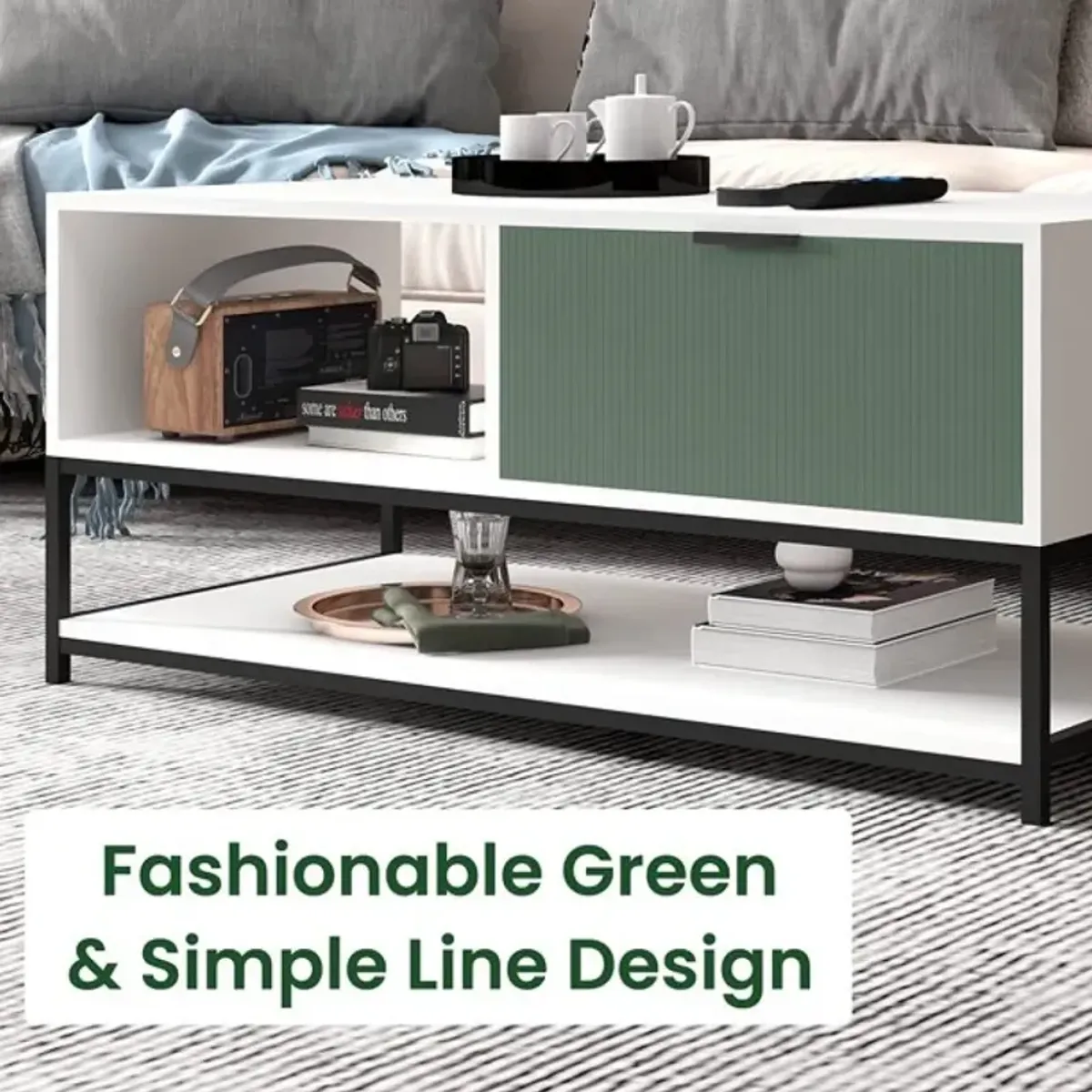 Watson White And Green Wood Coffee Table Steel Frame With Shelves And Drawer