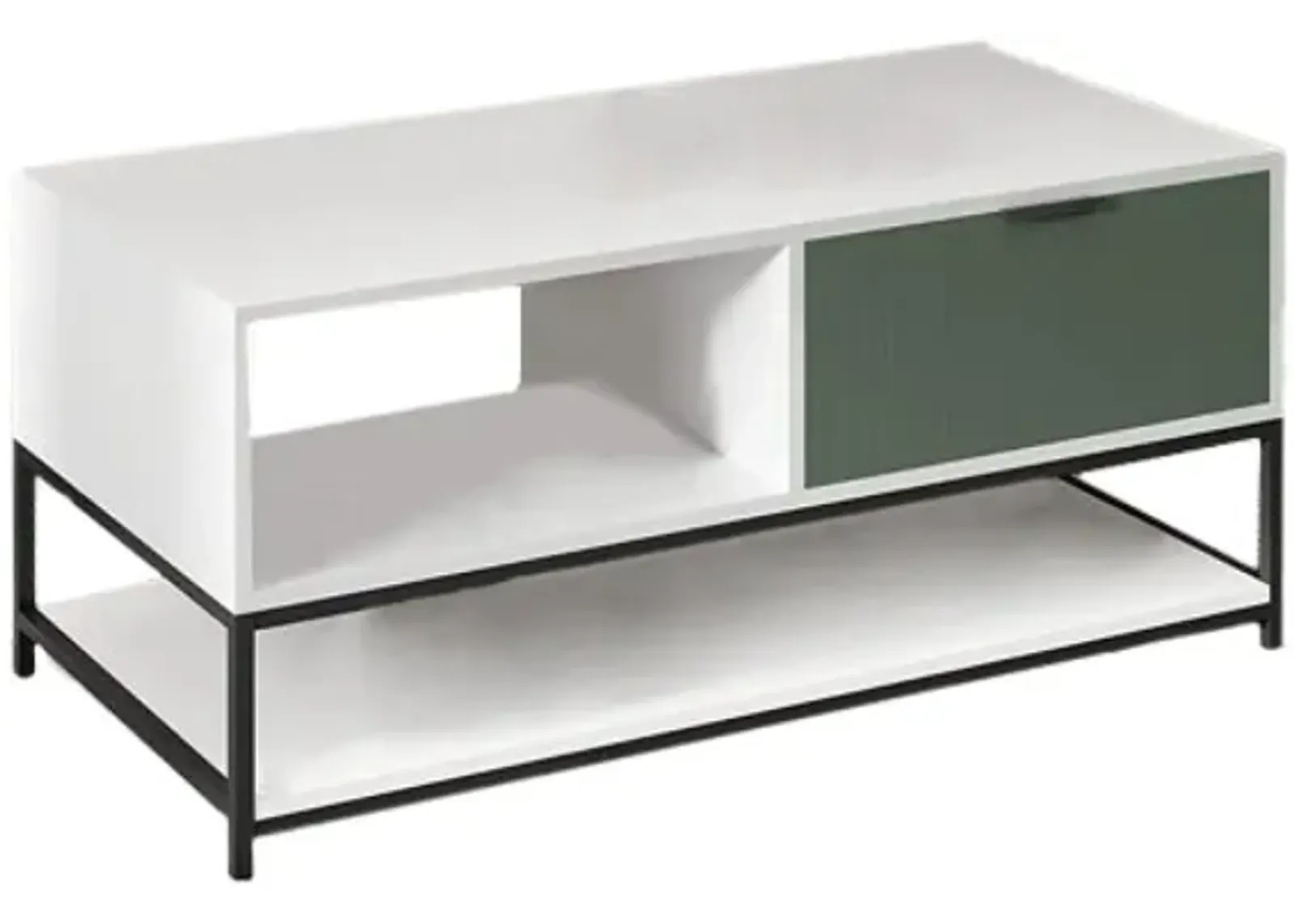 Watson White And Green Wood Coffee Table Steel Frame With Shelves And Drawer