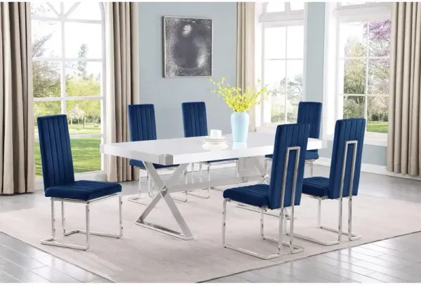 Best Quality Furniture 7pc Small(78) white wood top dining set with silver base and 6 Navy side chiars