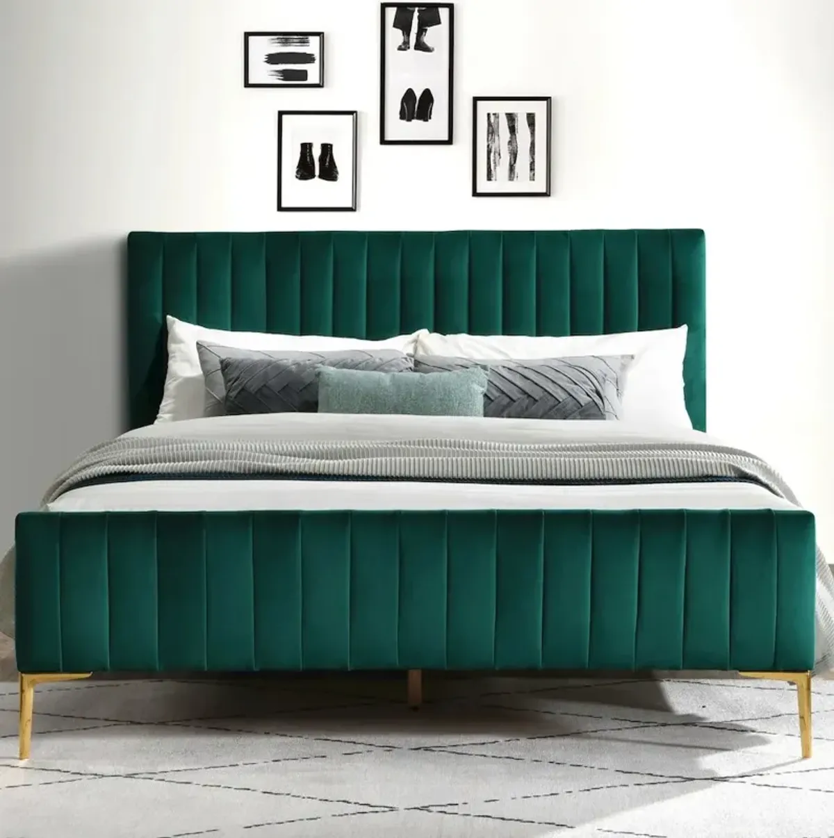 Omax Decor Julia Wood and Fabric Upholstered Queen Platform Bed in Green