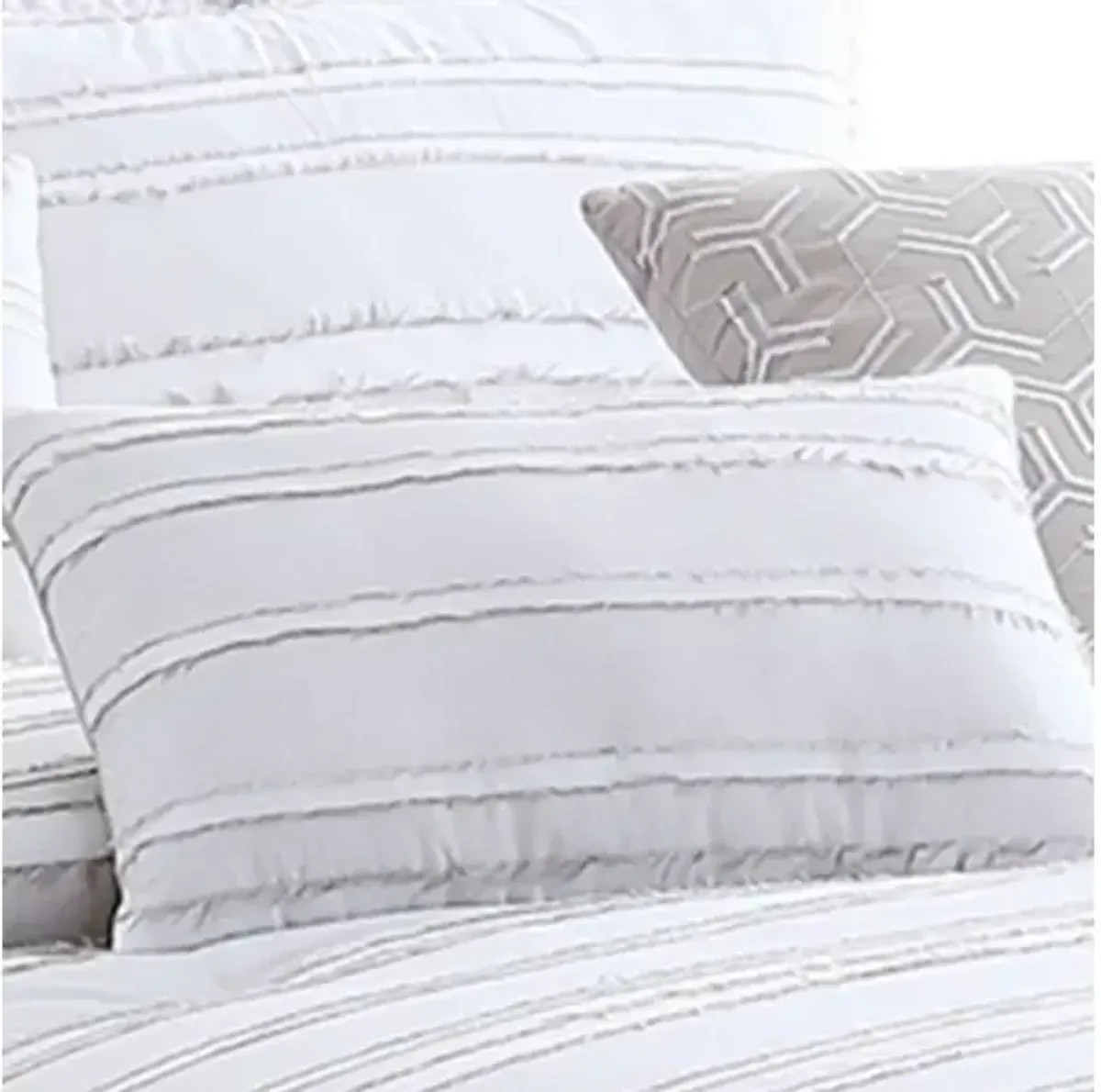 6 Piece Queen Cotton Comforter Set with Frayed Edges, White and Gray - Benzara