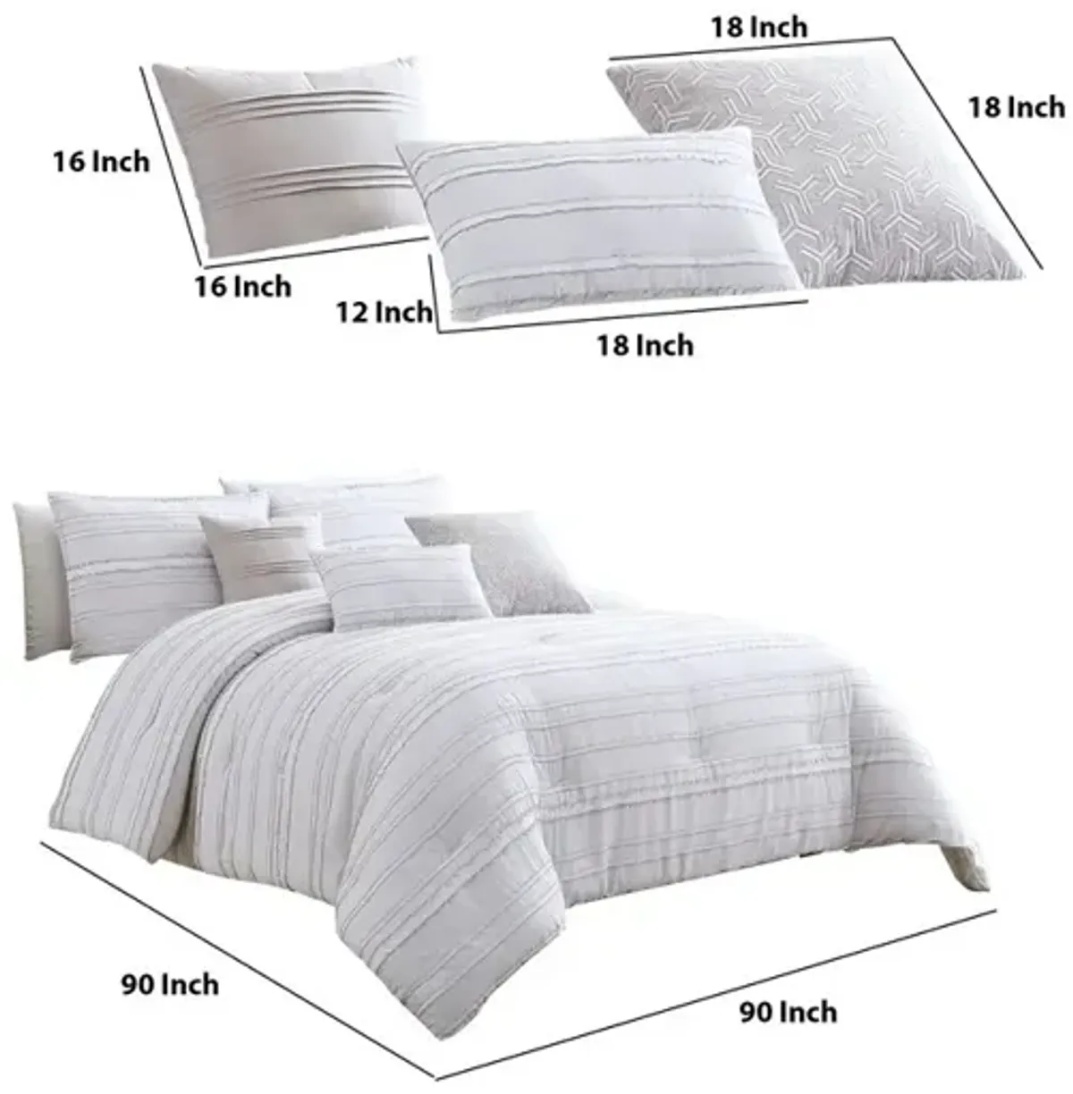 6 Piece Queen Cotton Comforter Set with Frayed Edges, White and Gray - Benzara