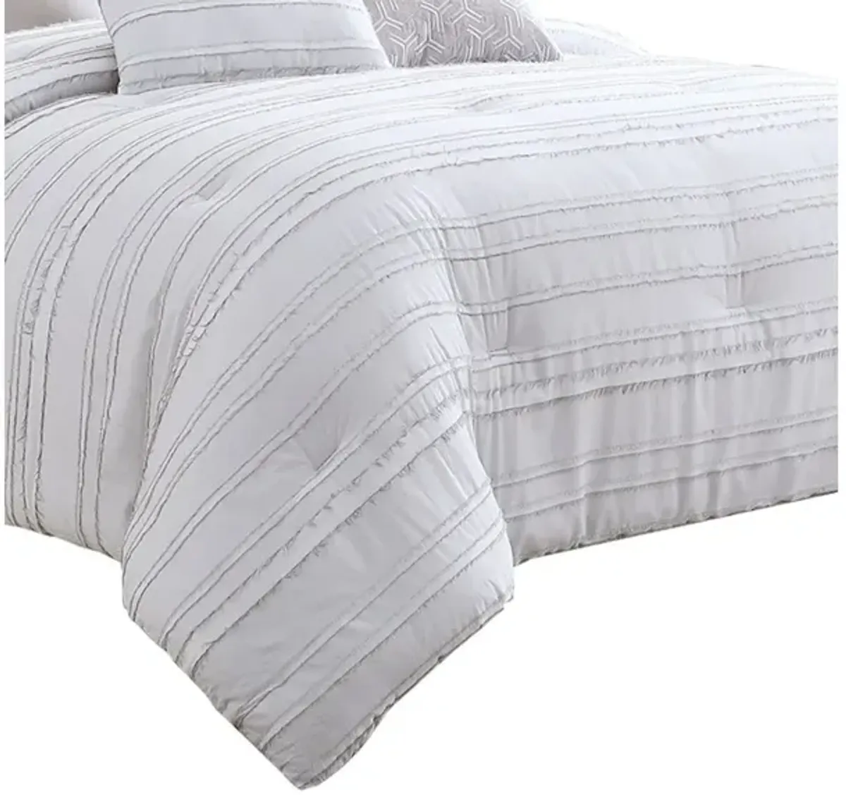 6 Piece Queen Cotton Comforter Set with Frayed Edges, White and Gray - Benzara