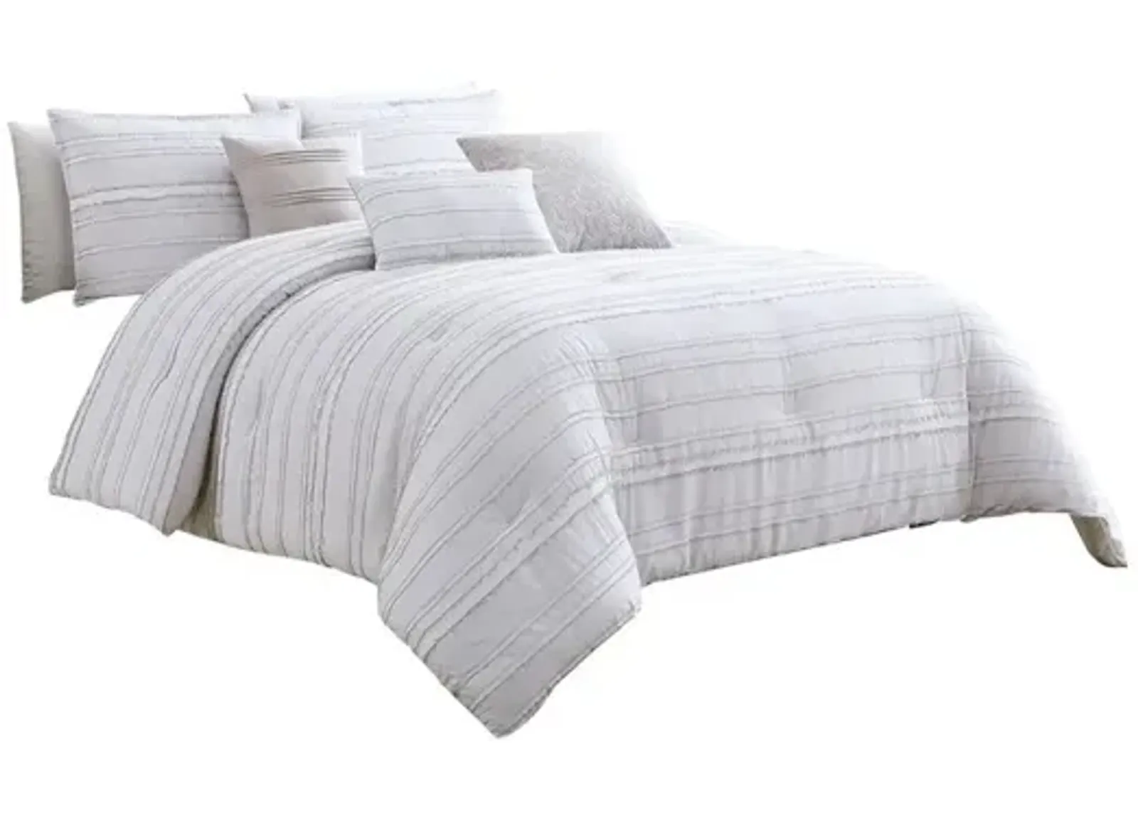 6 Piece Queen Cotton Comforter Set with Frayed Edges, White and Gray - Benzara