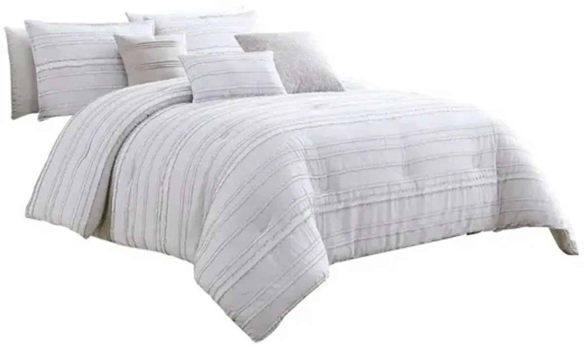 6 Piece Queen Cotton Comforter Set with Frayed Edges, White and Gray - Benzara