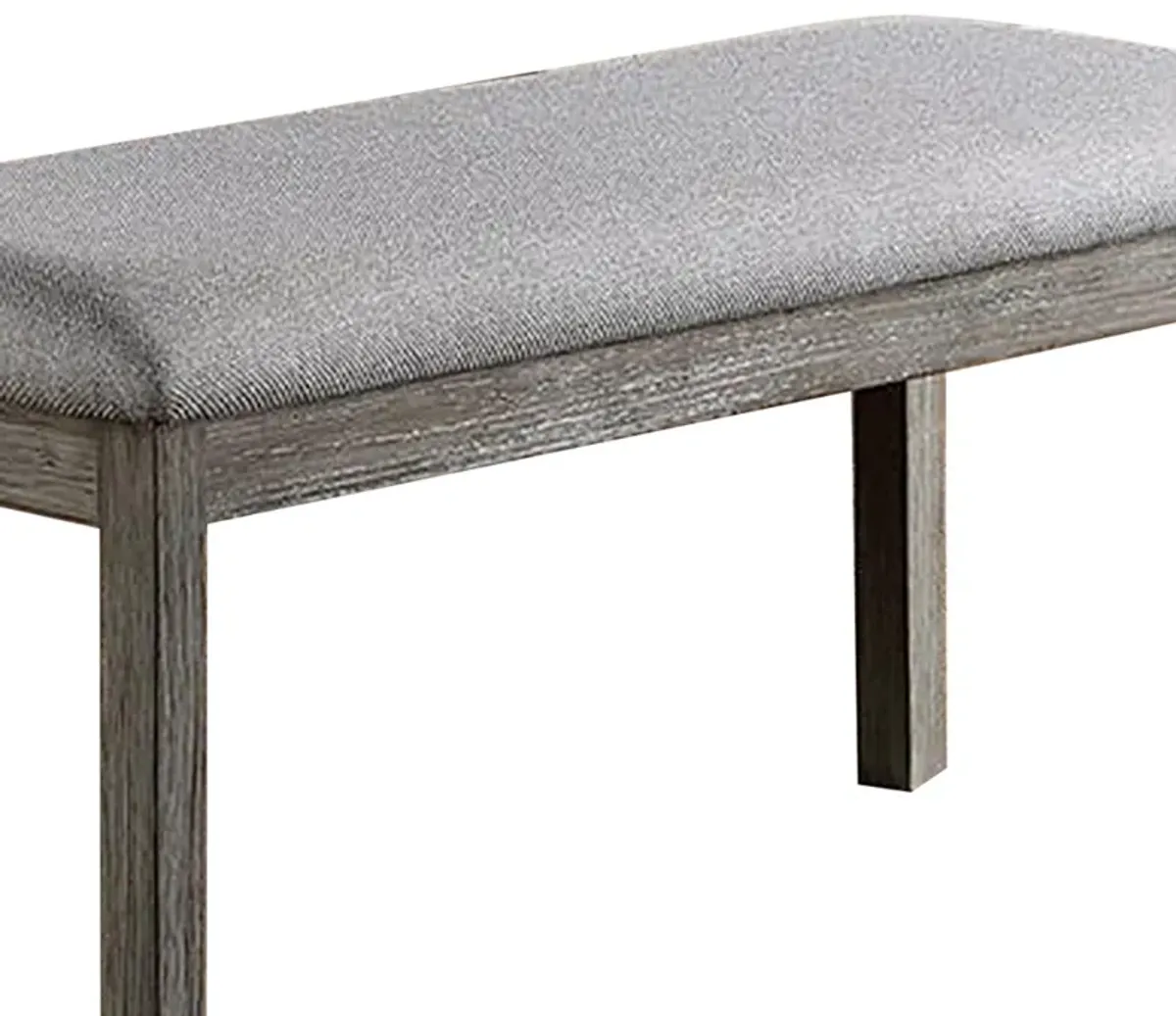 Lais 45 Inch Dining Bench, Wired Brushed Gray Wood, Gray Fabric Padded Seat - Benzara