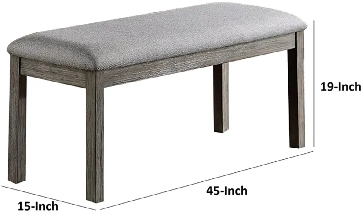 Lais 45 Inch Dining Bench, Wired Brushed Gray Wood, Gray Fabric Padded Seat - Benzara