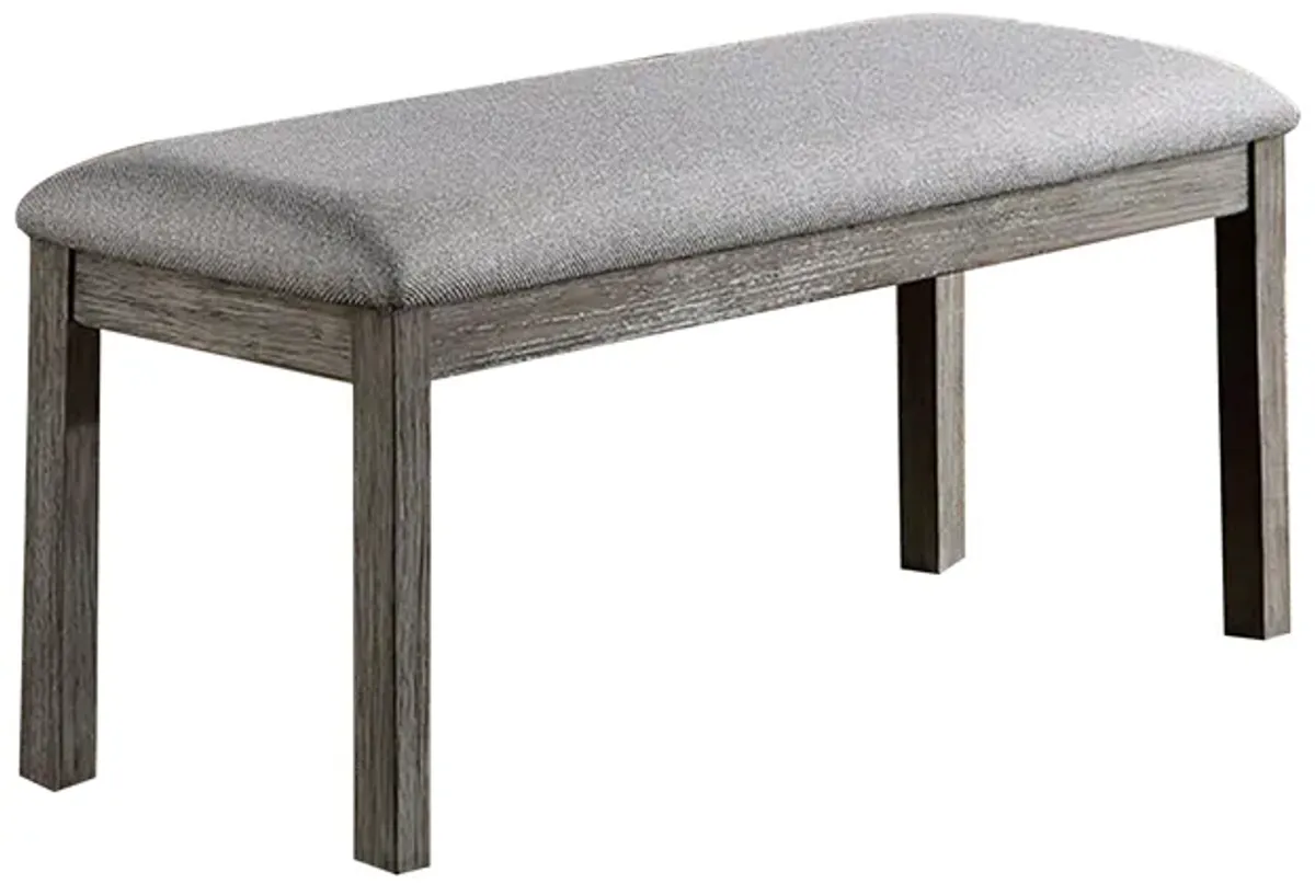 Lais 45 Inch Dining Bench, Wired Brushed Gray Wood, Gray Fabric Padded Seat - Benzara