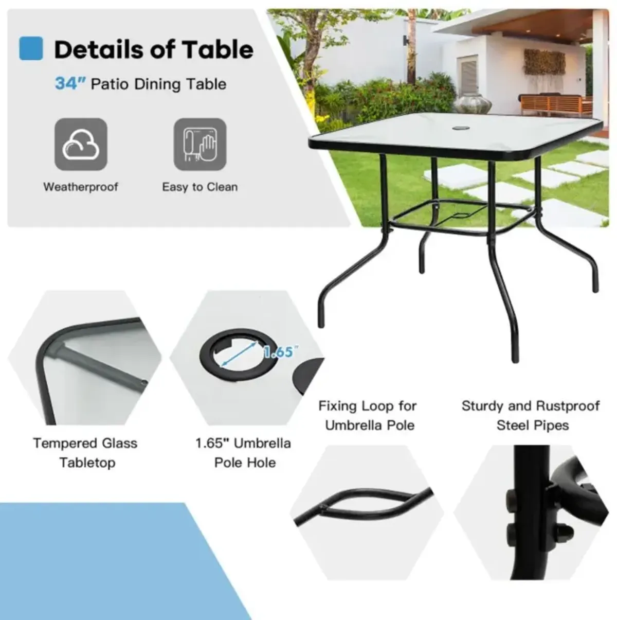 Hivvago 35 Inch Patio Dining Square Tempered Glass Table with Umbrella Hole