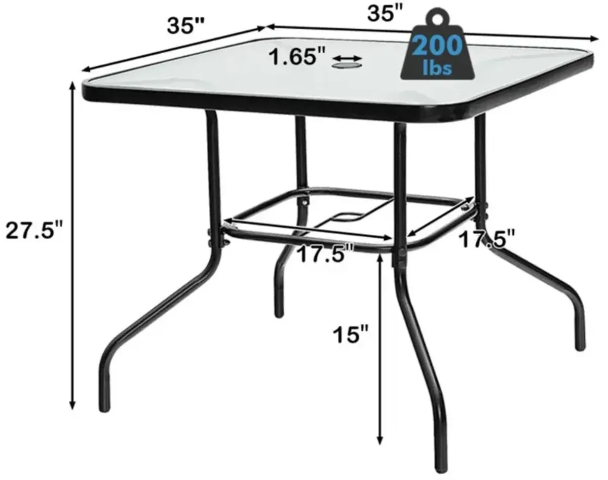 Hivvago 35 Inch Patio Dining Square Tempered Glass Table with Umbrella Hole