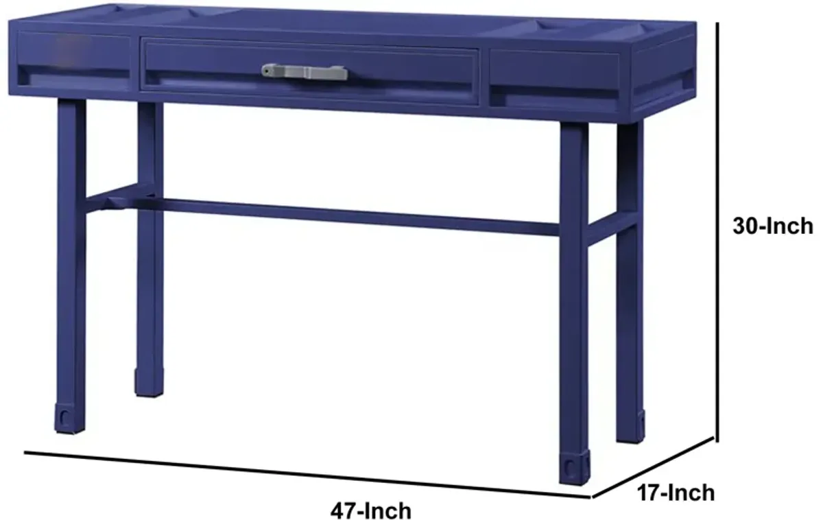 Industrial Style Metal and Wood 1 Drawer Vanity Desk, Blue-Benzara