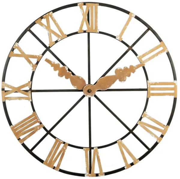 46 Inch Faux Clock Wall Decor, Round, Vintage Style, Gold, Black Finish - Benzara