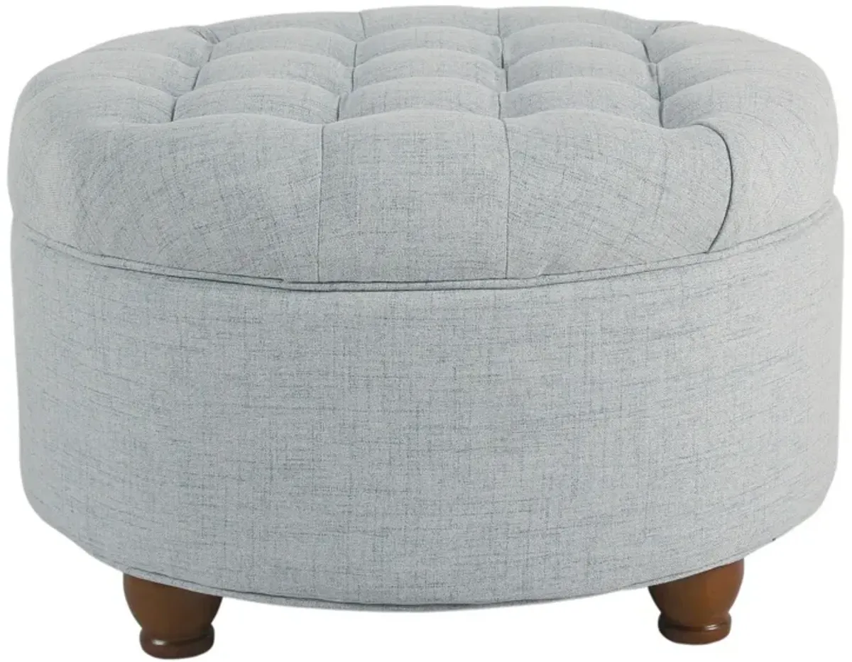 Fabric Upholstered Wooden Ottoman with Tufted Lift Off Lid Storage, Light Blue - Benzara