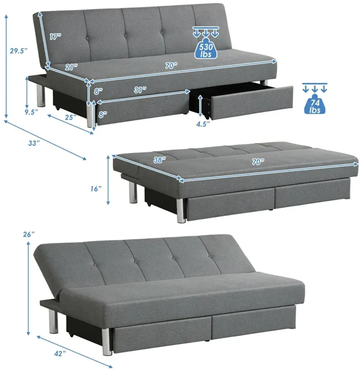 3-Seat Convertible Sofa Bed with 2 Large Drawers and 3 Adjustable Angles