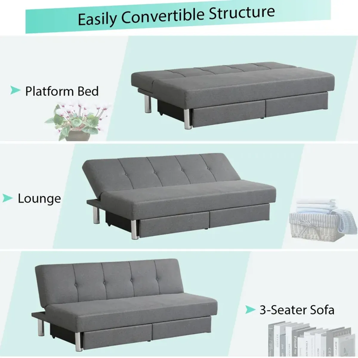 3-Seat Convertible Sofa Bed with 2 Large Drawers and 3 Adjustable Angles