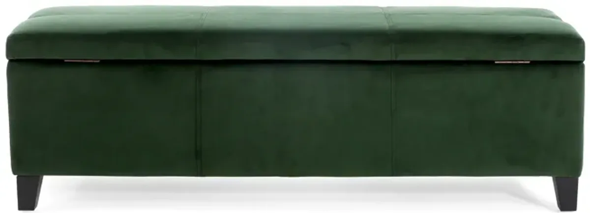 Elias Storage Ottoman Bench, 51 Inch Storage, Emerald Green Velvet -Benzara