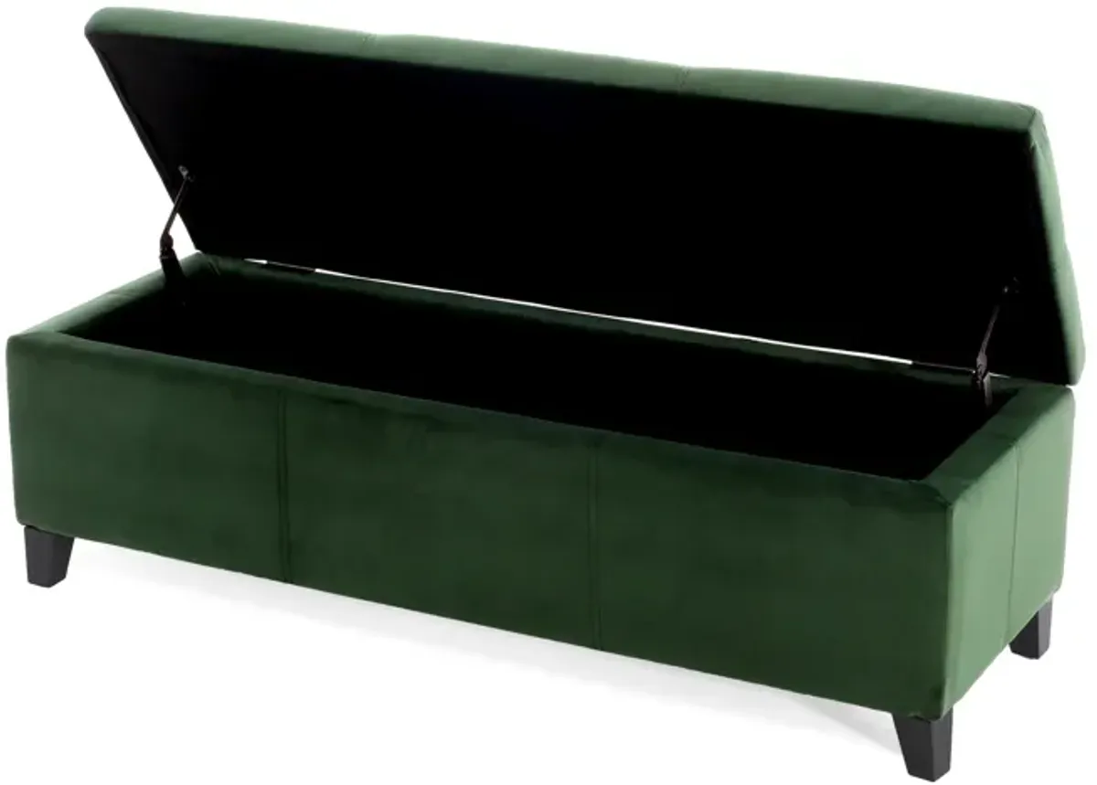 Elias Storage Ottoman Bench, 51 Inch Storage, Emerald Green Velvet -Benzara