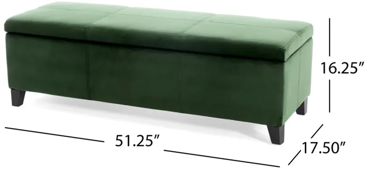 Elias Storage Ottoman Bench, 51 Inch Storage, Emerald Green Velvet -Benzara