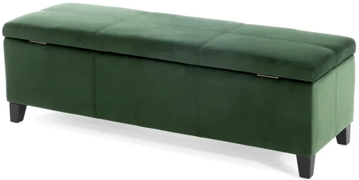 Elias Storage Ottoman Bench, 51 Inch Storage, Emerald Green Velvet -Benzara