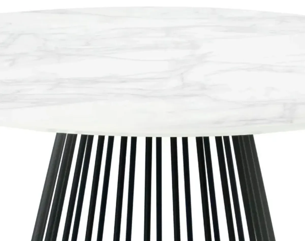 43 Inch Round Dining Table, White Faux Marble Top, Black Pedestal Base - Benzara