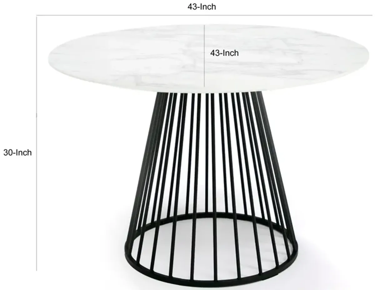 43 Inch Round Dining Table, White Faux Marble Top, Black Pedestal Base - Benzara