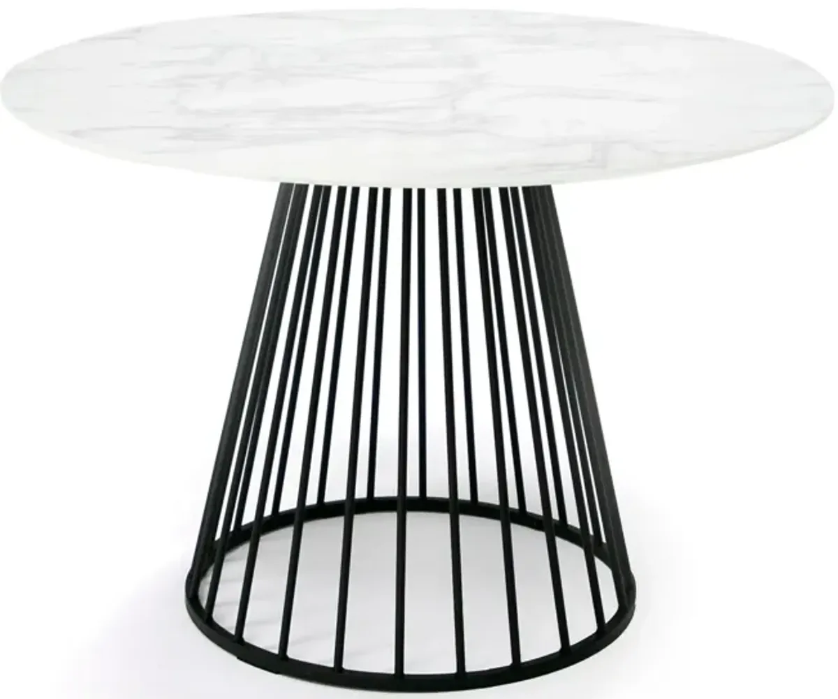 43 Inch Round Dining Table, White Faux Marble Top, Black Pedestal Base - Benzara