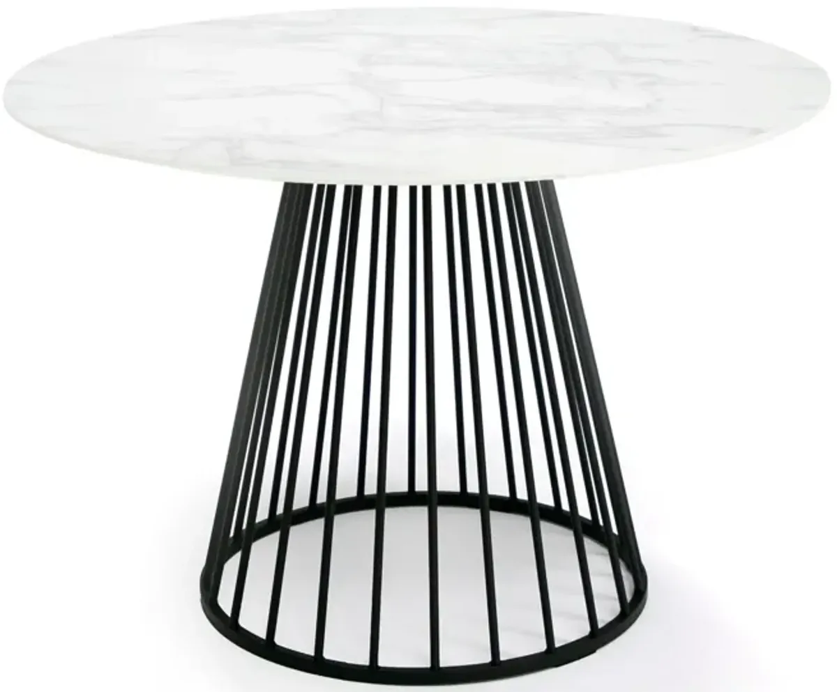 43 Inch Round Dining Table, White Faux Marble Top, Black Pedestal Base - Benzara