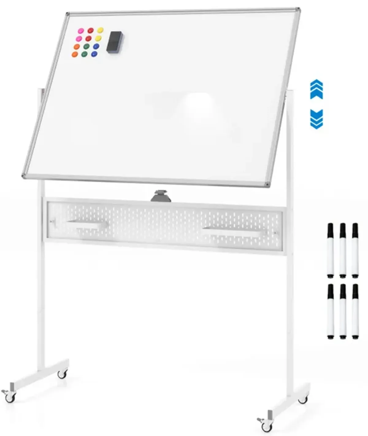 Mobile Whiteboard Adjustable Double-Sided Magnetic Board with Pegboard-White