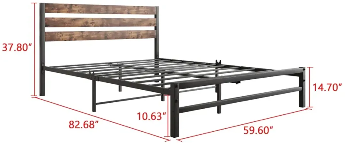 Queen Size Platform Bed Frame With Rustic Vintage Wood Headboard, Strong Metal Slats Support